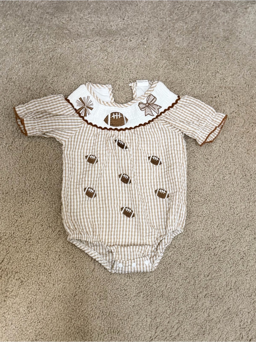 Beige Striped Football Smocked One-Piece